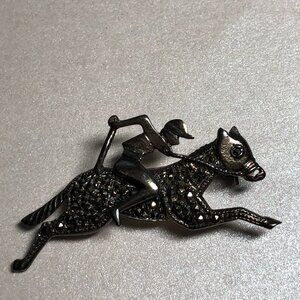Vintage Marcasite Sterling Silver Horse & Jockey Pin